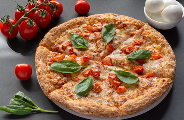 Pizza Margarita with sweet pepper. Still-life.