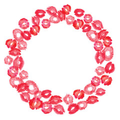 Red pink lips kiss border frame ring ornament illustration. Good for presentation, posters, Valentine's day romantic proposal or wedding greeting card. With free blank copy space for text