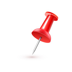Realistic vector plastic glossy red push pin 3D vector icon on white background.