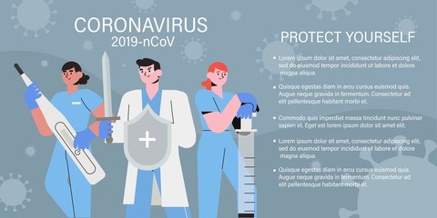 Doctor team or medical health care professionals fighting with coronavirus pandemic or coronavirus disease 2019 COVID-19. Informing people about self protective measures, treatment and prevention.