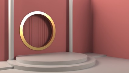 Product stand in room with window, Pink color, Shine light, Cylinder shape. 3D Rendering
