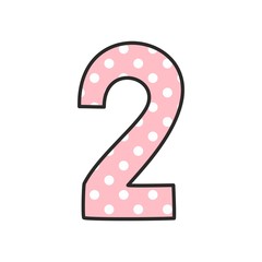 Number 2 with white polka dots on pink, vector illustration isolated on white background
