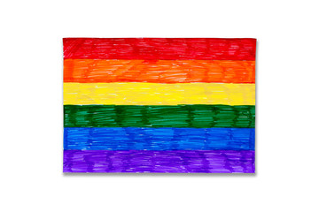 LGBT pride flag drawn with markers on a piece of paper,isolated on a white background