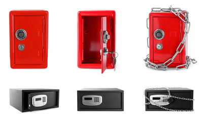 Set of steel safes on white background