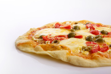 Flatlay of Italian pizza on wooden background. Rustic homemade pizzas with salami, bacon,  cheese, eggs and raw vegetables on shabby wooden background. Healthy vegetarian fungi pizza