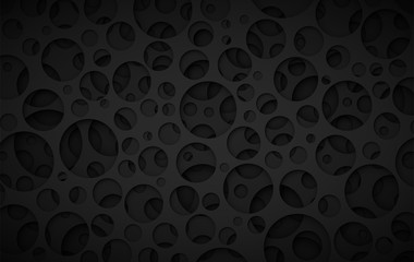 Black background with round openings and depth effect, dark abstract porous structure vector illustration - obrazy, fototapety, plakaty