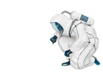 bio hazard man searching in a white background side view