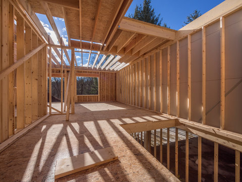 View of interior construction framing of new housing