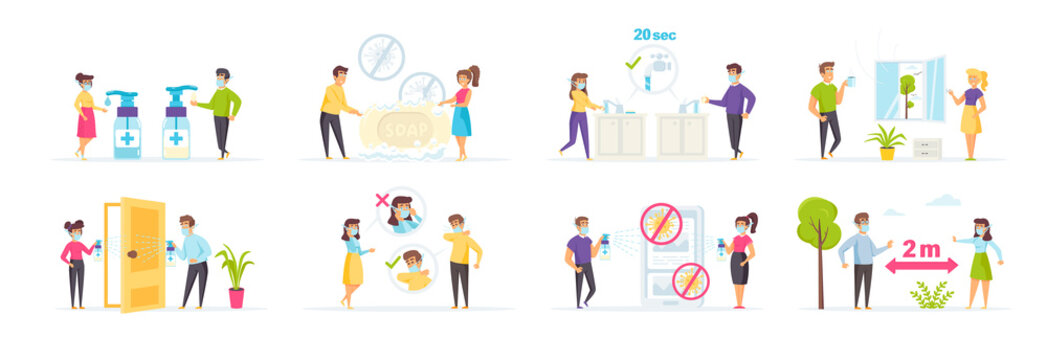Coronavirus protection and prevention efforts vector illustration. Self-isolation, quarantine, disinfection, personal hygiene, use of antiseptics and safety masks, keeping distance, hand washing scene