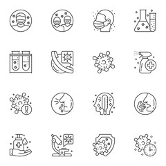 Virology diagnosis and treatment thin line icons set. Cough, fever and runny nose symptoms of sickness. Coronavirus laboratory research and testing vector illustration. Personal hygiene and quarantine