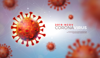 Covid-19. Coronavirus Outbreak Design with Virus Cell in Microscopic View on Shiny Light Background. Vector 2019-ncov Illustration Template on Dangerous SARS Epidemic Theme for Promotional Banner.