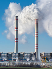 Obraz premium Industrial smoke stack of coal power plant, coal fired power station, chimney,