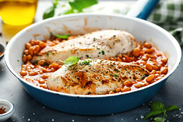 Chicken breast fillet cooked with beans and herbs