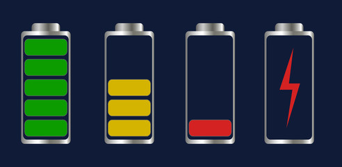 Battery charge. Battery icon. A set of charge level indicators. Vector illustration.