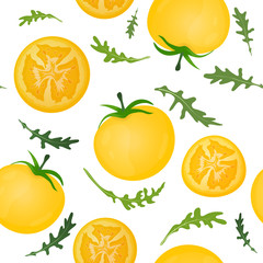 Yellow tomatoes on white background. Tomato vegetable with arugula leaves. Vector illustration. Seamless pattern.