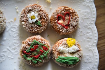 Food photography of hand made cake with children play decoration