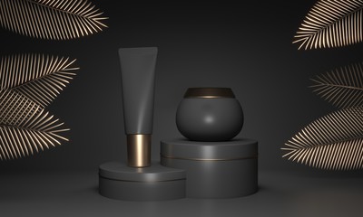 Black gold, blank cosmetic jar, tube standing on pedestal. Empty space for promotion brand. Golden palm leaves, Cream, lotion - 3d render illustration. Tropical summer decor with mockup template. 