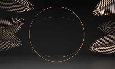 Golden Circle frame, palm leaves - 3d render illustration. Blank copy space for advertisement. Dark luxury background. Summer creative poster with tropical foliage. Gold palm for mockup template. 