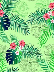 Fototapeta na wymiar Exotic tropical flowers hibiscus palm leaves pattern seamless. Jungle vector vintage wallpaper