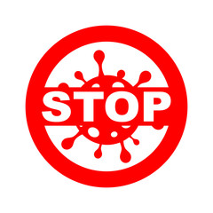 Vector red stoppage sign with white virus inside and black inscription Stop, prohibition symbol with coronavirus, covid-19, Stop Virus logo, isolated Stop Coronavirus symbol, cessation flu