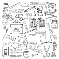 Vector.Vector school supplies. Rulers, backpacks, lunch, paints, brushes, pencils, paper, diaries, glasses, school lettering, erasers, ink, scissors, transparency, blots. Everything is drawn by hand.