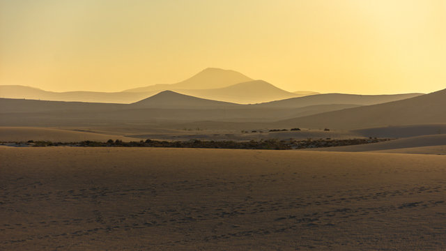 dunas de fuerteventura en atardecer y calima y cielo dorado