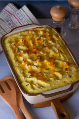 Creamy fish pie: salmon, cod, smoked coley, creamy sauce and cheesy potato topping