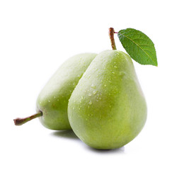 Ripe pear with leaf on white background