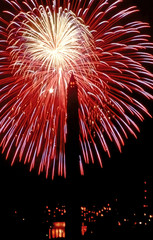 Fireworks display seen from the Lincoln Memorial looking east at the Washington Monument.