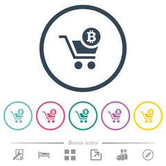 Checkout with Bitcoin cart flat color icons in round outlines