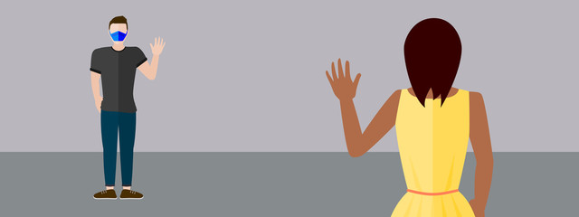 Social distancing waving greeting concept vector where a couple avoid handshakes and maintain distance to prevent spread of COVID-19