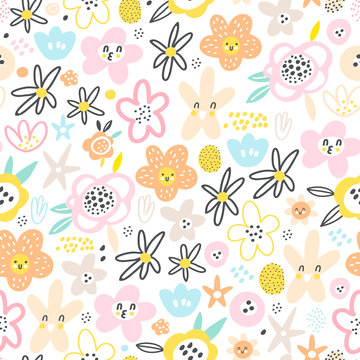 Seamless Pattern With Decorative Flowers In Baby Style. Perfect For Kids Fabric, Textile, Nursery Wallpaper. Vector Illustration.