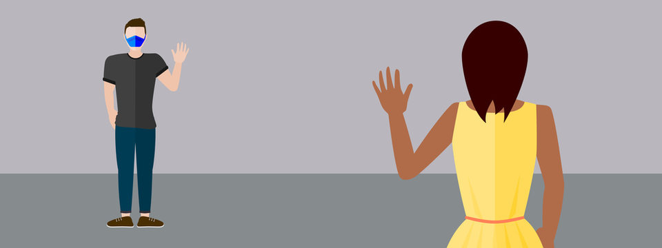 Social distancing waving greeting concept vector where a couple avoid handshakes and maintain distance to prevent spread of COVID-19