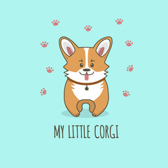 Little cute corgi dog is standing, puppys footprints around him. My little corgi  text. Vector cartoon illustration for print, t-shirt, postcard, flyers. 