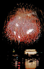 Washington, DC. USA, July 4, 1991  Annual July 4th fireworks display over the Lincoln Memorial as seen from the Virginia side of the Potomac River.