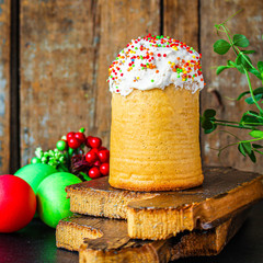 easter cake and easter eggs, traditional holiday composition happy easter, menu concept. food background. top view. copy space for text