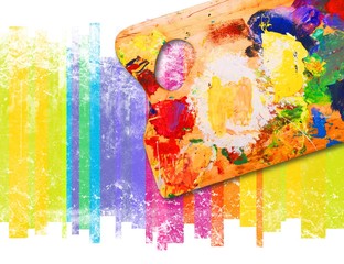 Wooden dirty palette with paint on the background