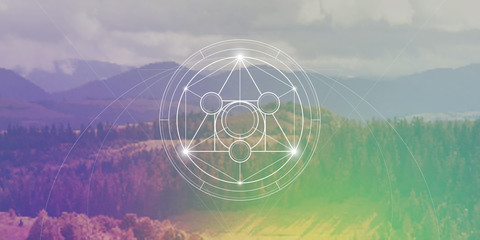 Philosopher stone sacred geometry spiritual new age futuristic illustration with transmutation interlocking circles, triangles and glowing particles in front of blurred background. - obrazy, fototapety, plakaty