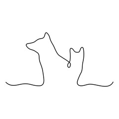 Continuous line art dog and cat icon logo template vector illustration isolated on white. Pet shop outline design