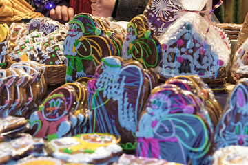 Fototapeta na wymiar Variety of gingerbread cookies at the Christmas market in Riga