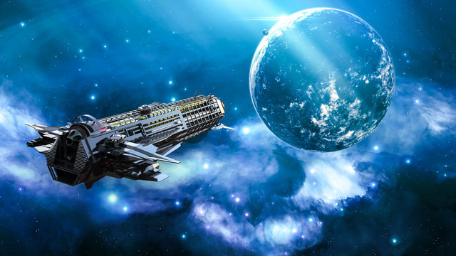 Realistic 3D illustration. Big futuristic alien spaceship traveling in the Universe. Military spacecraft flying in deep space with stars and planets in the background. Scientific, future expedition.