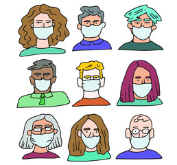 Set of different people in a medical mask. Cartoon style. Covid-19. 