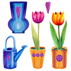 Watercolor set of gardeners : bright tulips in pots, vase and watering can isolated on a white background, decorative plants that can be grown at home.