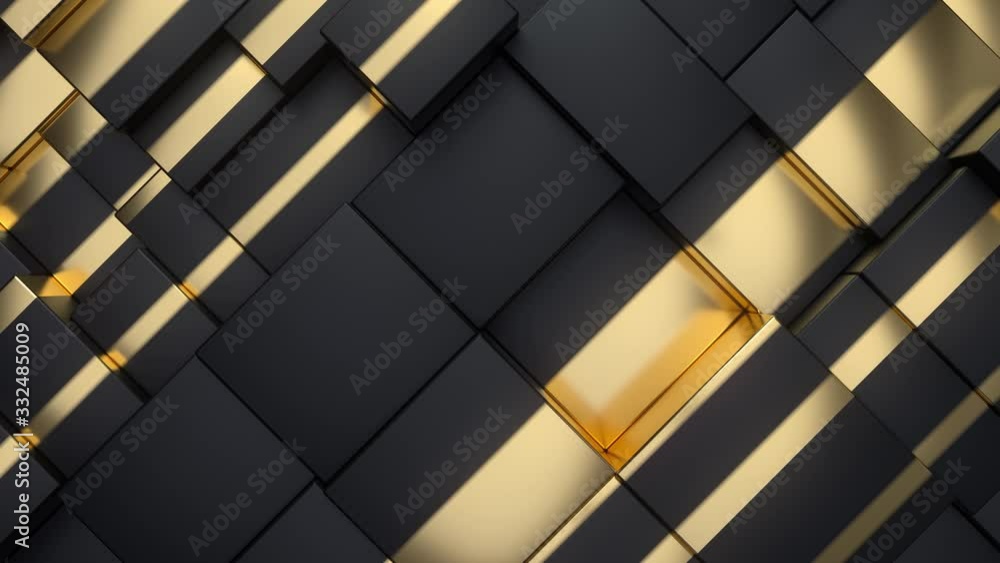 Poster black and golden moving cubic surface. changing tiles. motion design pattern. 3d loop animation with