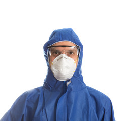 Doctor with protective clothing and goggles, face mask