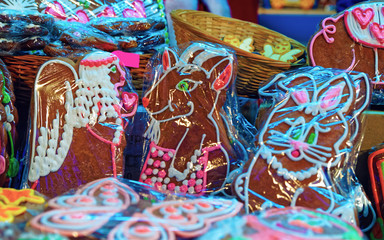 Homemade gingerbread cookies with icing of different sizes and shapes