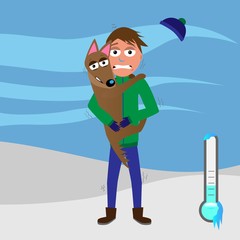 man and dog are cold in frosty windy waether funny vector illustration for winter season