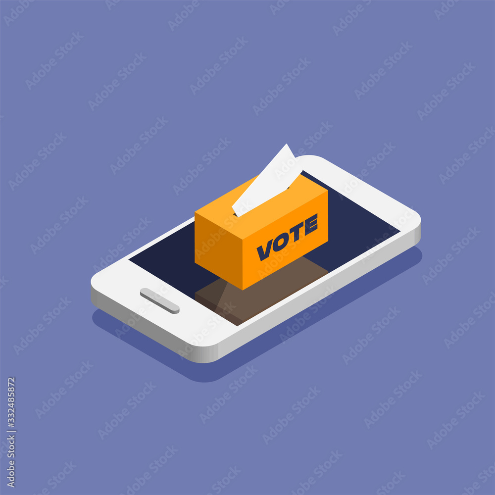 Aufkleber voting online in isometric style. putting voting paper into ballot box that stand on a phone display