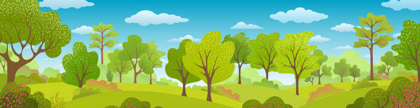 Background with summer trees, bush, grass, sky, clouds. Landscape. Green plants. Nature banner
