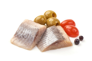Marinated atlantic herring, sliced fish fillet, isolated on white background